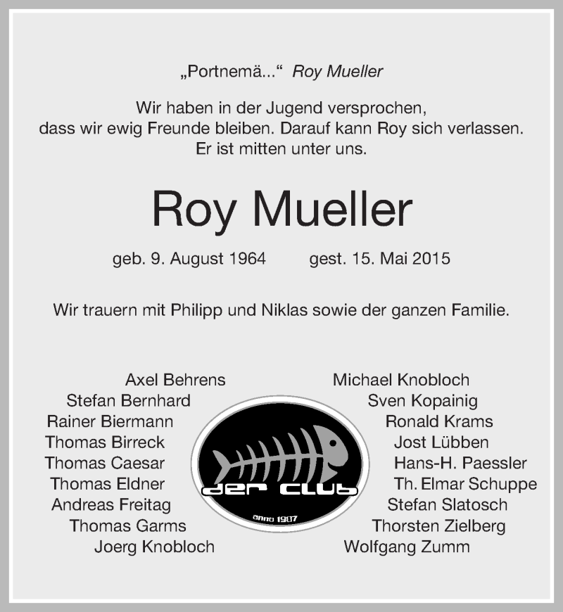  Traueranzeige für Roy Mueller vom 22.05.2015 aus saarbruecker_zeitung