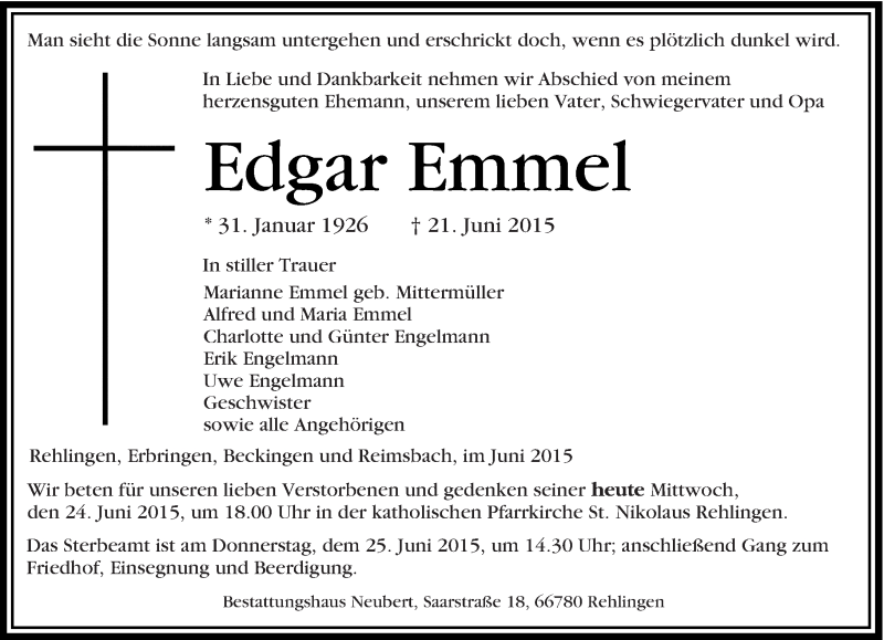  Traueranzeige für Edgar Emmel vom 24.06.2015 aus saarbruecker_zeitung