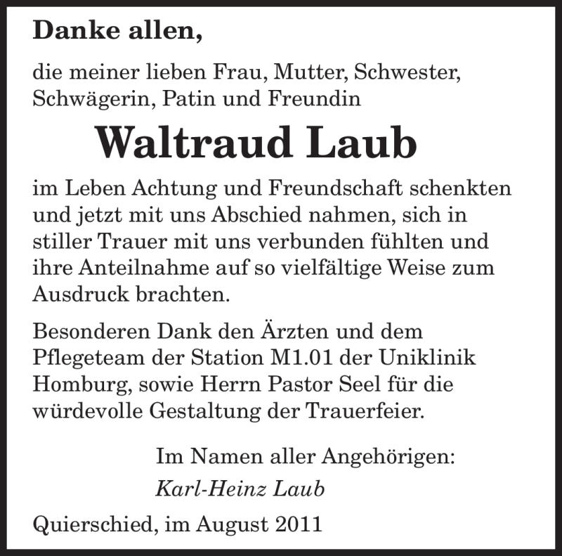  Traueranzeige für Waltraud Laub vom 13.08.2011 aus SAARBRÜCKER ZEITUNG