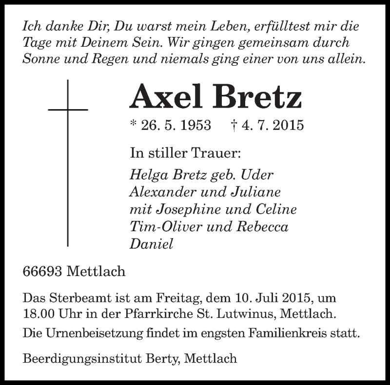  Traueranzeige für Axel Bretz vom 08.07.2015 aus saarbruecker_zeitung