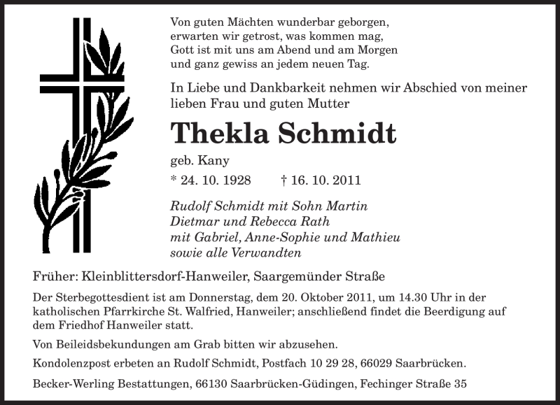 Traueranzeigen Von Thekla Schmidt Saarbruecker Zeitung Trauer De