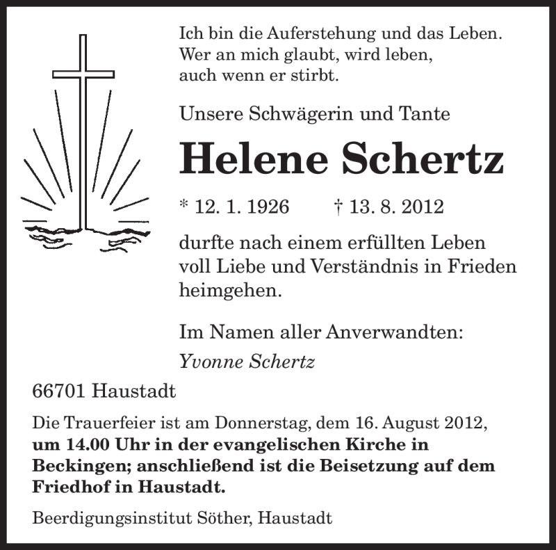 Traueranzeigen Von Helene Schertz Saarbruecker Zeitung Trauer De