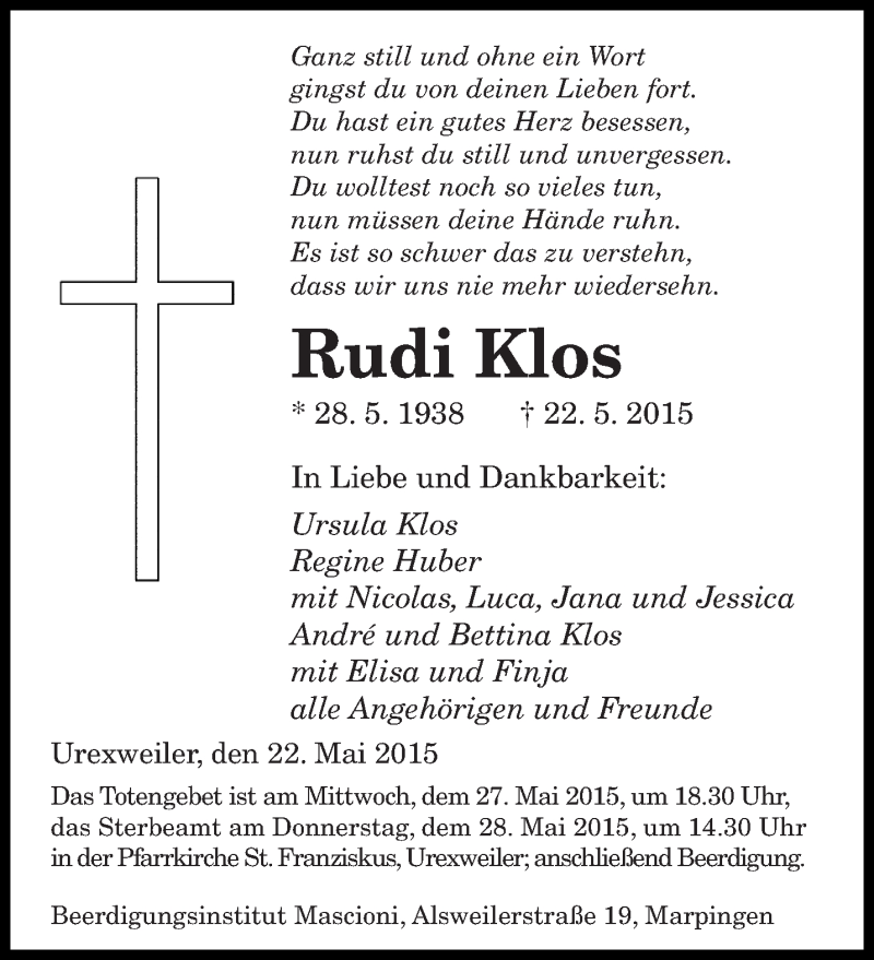  Traueranzeige für Rudi Klos vom 27.05.2015 aus saarbruecker_zeitung
