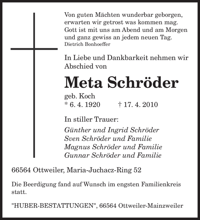 Traueranzeigen von Meta Schröder Saarbruecker Zeitung Trauer de