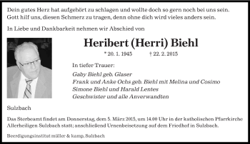 Traueranzeige von Heribert Biehl von saarbruecker_zeitung