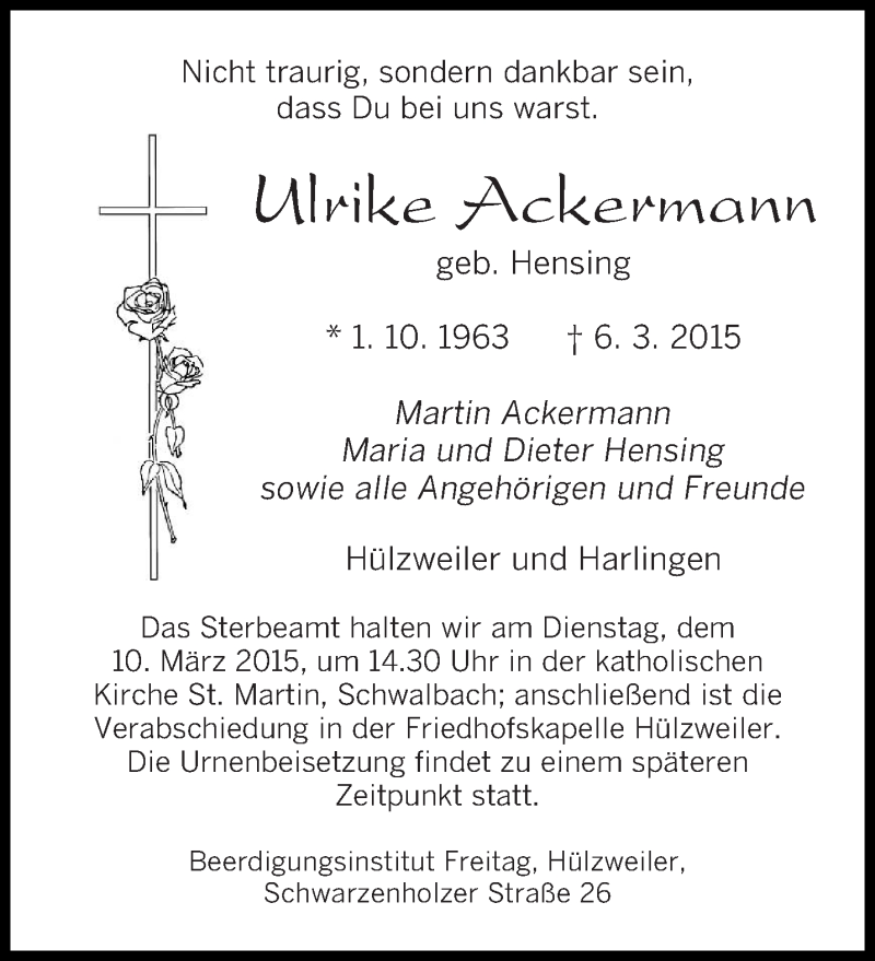  Traueranzeige für Ulrike Ackermann vom 09.03.2015 aus saarbruecker_zeitung