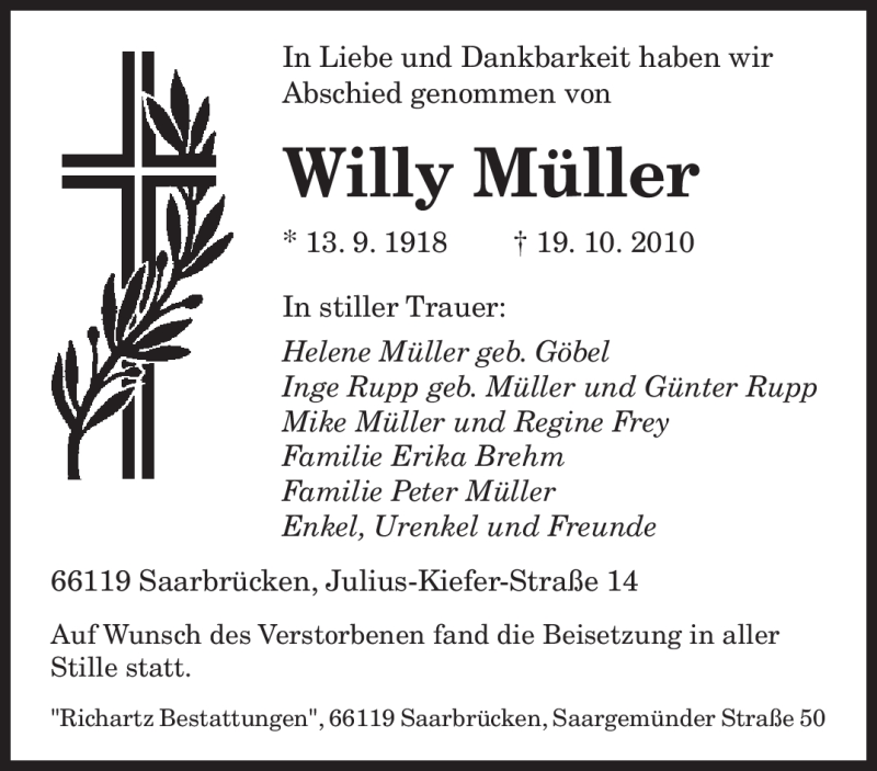 Traueranzeigen Von Willy M Ller Saarbruecker Zeitung Trauer De