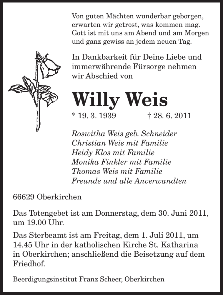 Traueranzeigen Von Willy Weis Saarbruecker Zeitung Trauer De