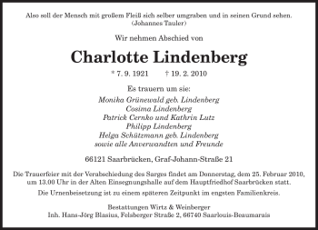 Traueranzeigen Von Charlotte Lindenberg Saarbruecker Zeitung Trauer De