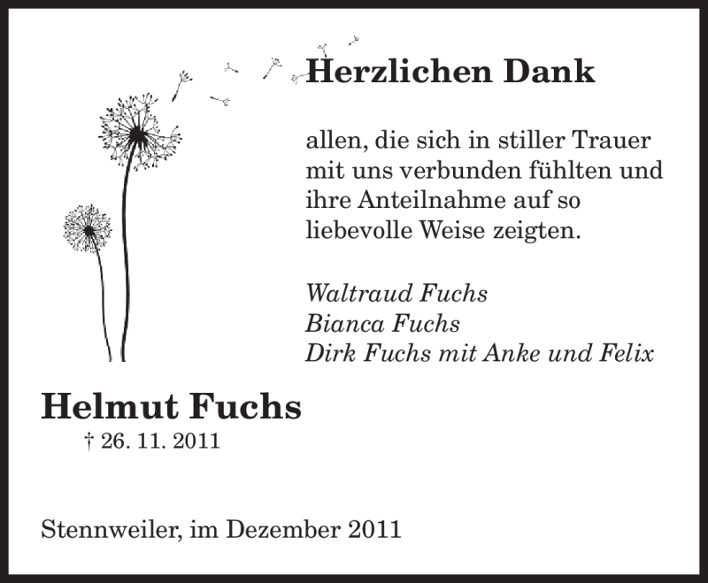  Traueranzeige für Helmut Fuchs vom 17.12.2011 aus SAARBRÜCKER ZEITUNG