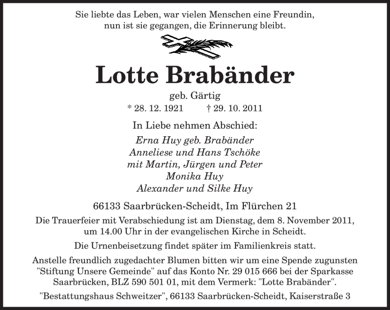 Traueranzeigen Von Lotte Brab Nder Saarbruecker Zeitung Trauer De