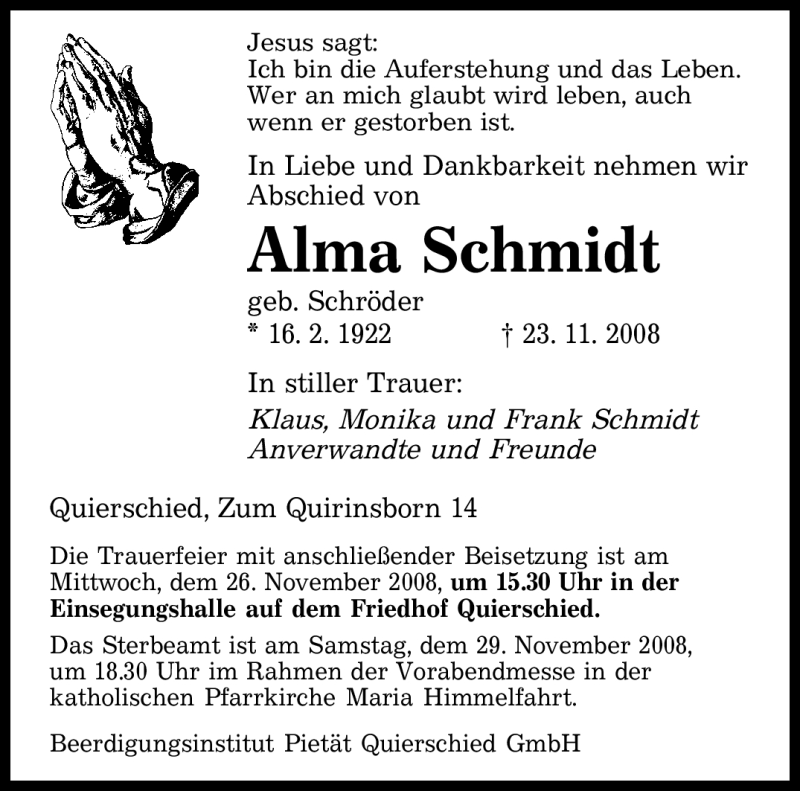 Traueranzeigen Von Alma Schmidt Saarbruecker Zeitung Trauer De