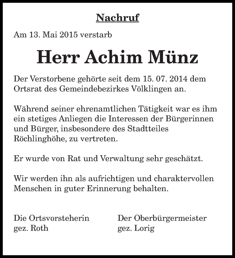  Traueranzeige für Achim Münz vom 30.05.2015 aus saarbruecker_zeitung
