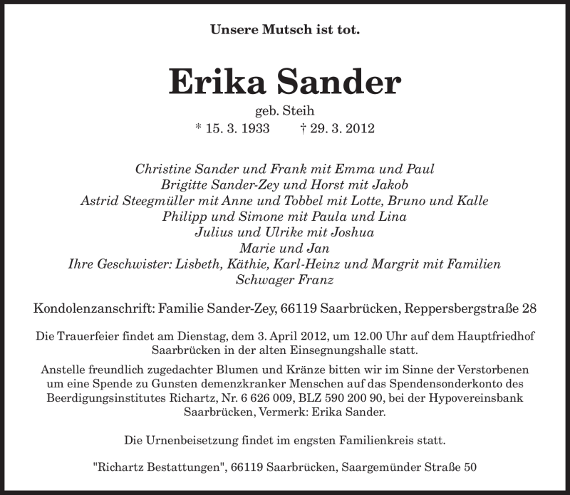 Traueranzeigen Von Erika Sander Saarbruecker Zeitung Trauer De