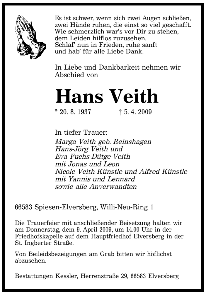 Traueranzeigen Von Hans Veith Saarbruecker Zeitung Trauer De