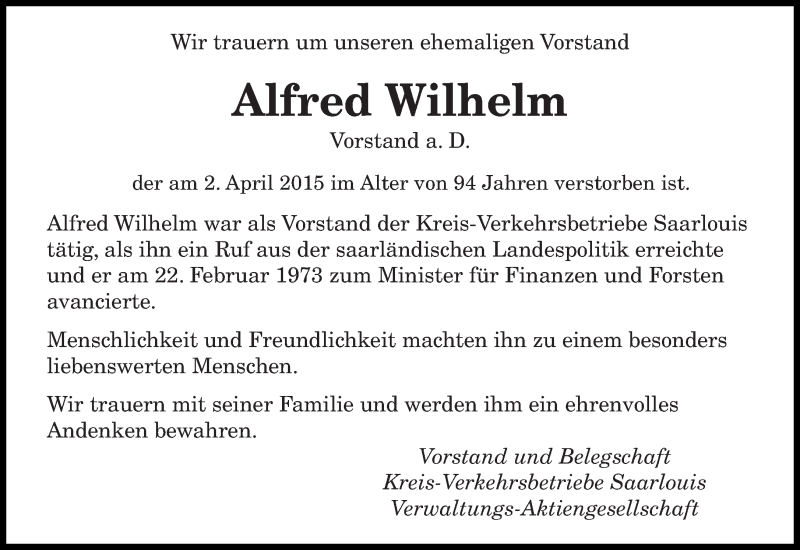  Traueranzeige für Alfred Wilhelm vom 08.04.2015 aus saarbruecker_zeitung