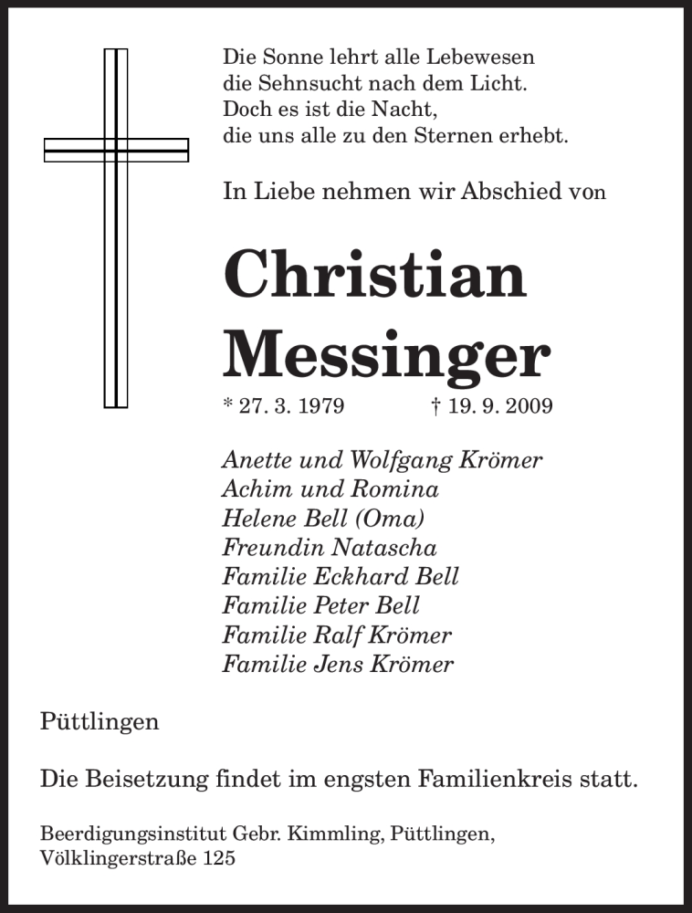 Traueranzeigen Von Christian Messinger Saarbruecker Zeitung Trauer De