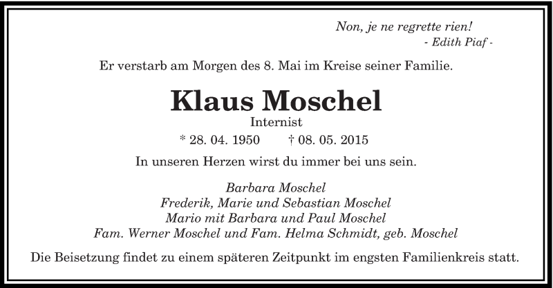  Traueranzeige für Klaus Moschel vom 11.05.2015 aus saarbruecker_zeitung