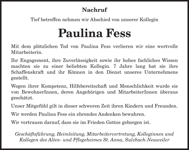 Traueranzeigen Von Paulina Fess Saarbruecker Zeitung Trauer De