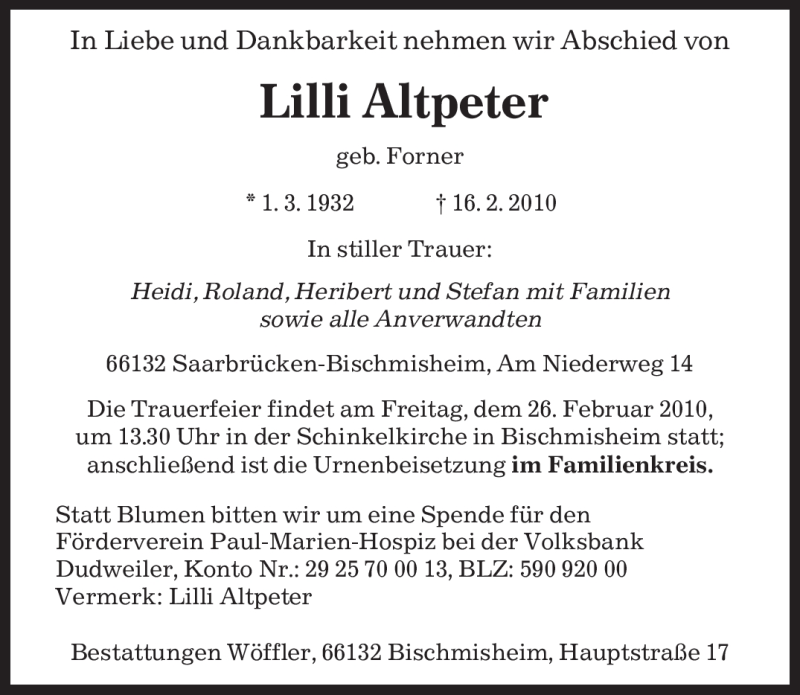 Traueranzeigen Von Lilli Altpeter Saarbruecker Zeitung Trauer De