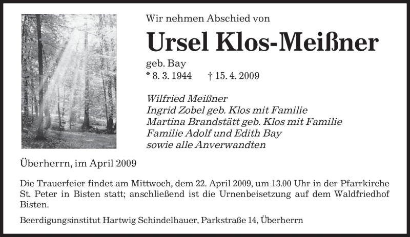  Traueranzeige für Ursel Klos-Meißner vom 20.04.2009 aus SAARBRÜCKER ZEITUNG