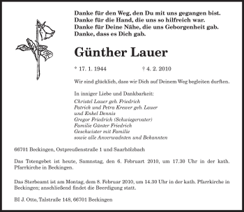 Traueranzeigen Von G Nther Lauer Saarbruecker Zeitung Trauer De