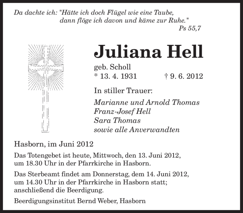 Traueranzeigen Von Juliana Hell Saarbruecker Zeitung Trauer De