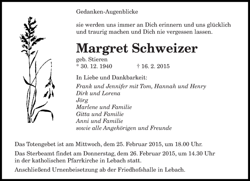  Traueranzeige für Margret Schweizer vom 23.02.2015 aus saarbruecker_zeitung
