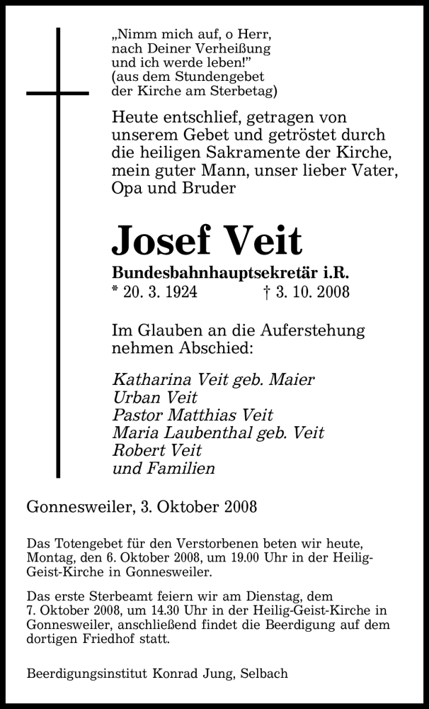 Traueranzeigen Von Josef Veit Saarbruecker Zeitung Trauer De