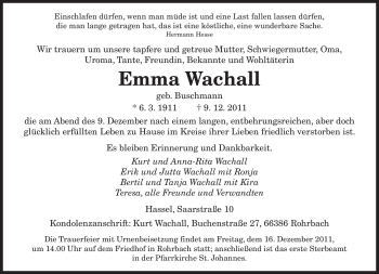 Traueranzeigen Von Emma Wachall Saarbruecker Zeitung Trauer De