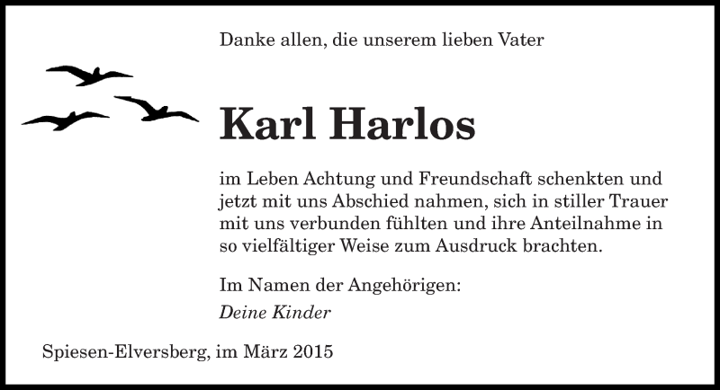  Traueranzeige für Karl Harlos vom 21.03.2015 aus saarbruecker_zeitung