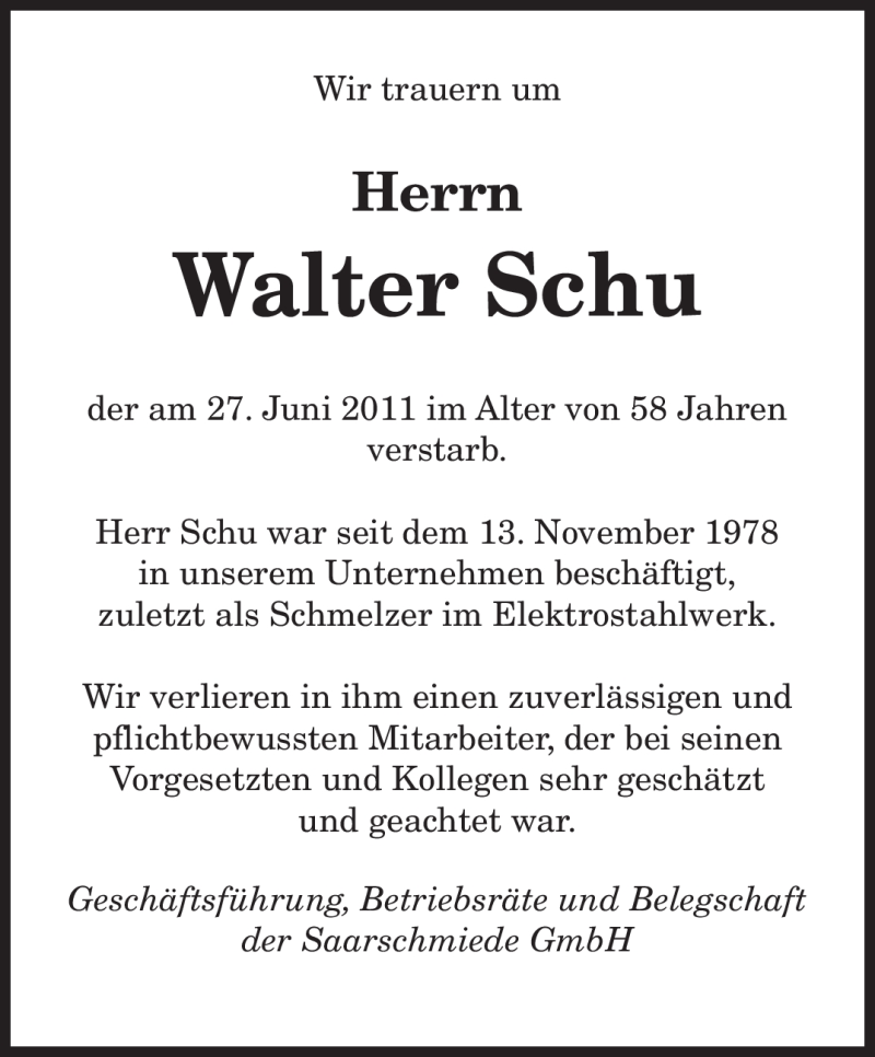 Traueranzeigen Von Walter Schu Saarbruecker Zeitung Trauer De