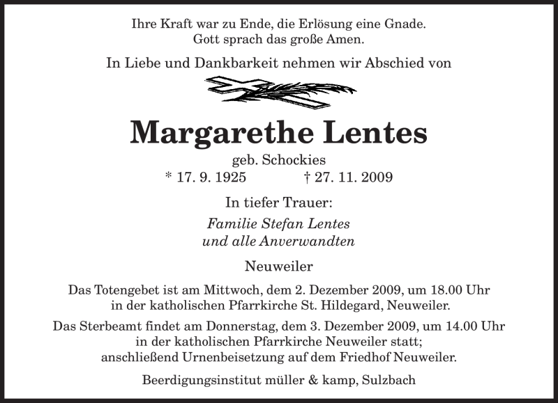 Traueranzeigen Von Margarethe Lentes Saarbruecker Zeitung Trauer De