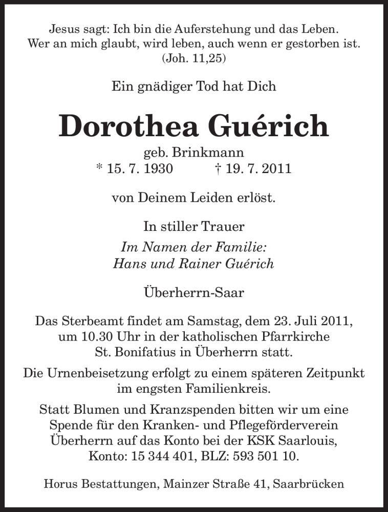 Traueranzeigen Von Dorothea Gu Rich Saarbruecker Zeitung Trauer De