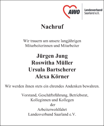 Traueranzeige von Gedenken Arbeiterwohlfahrt  von saarbruecker_zeitung