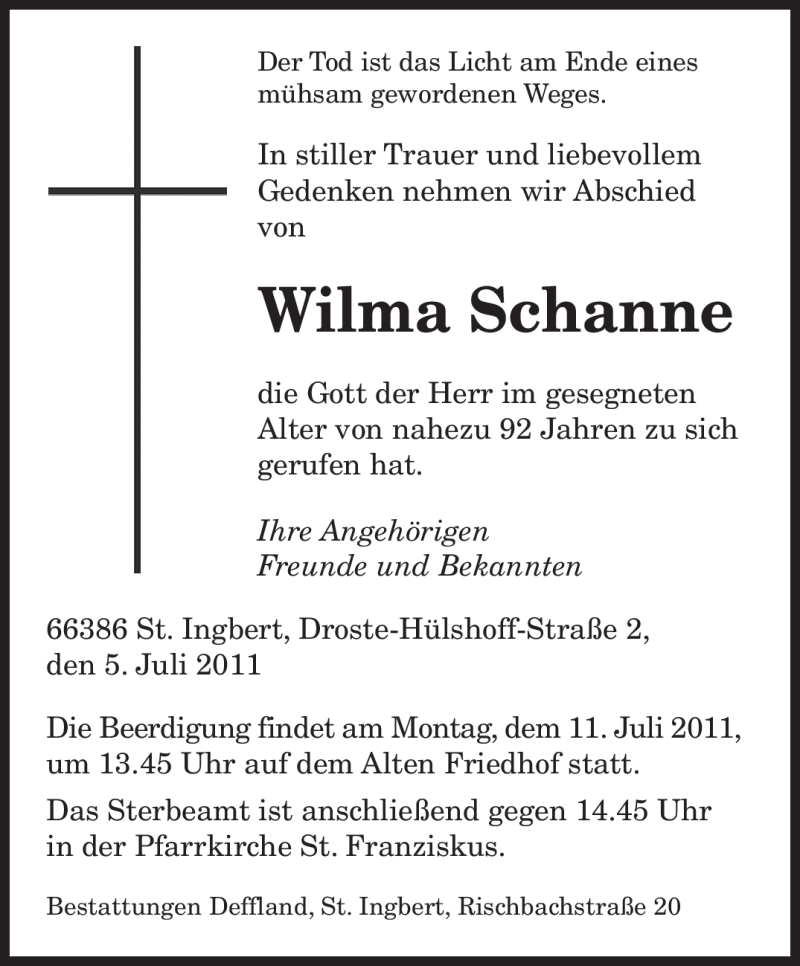 Traueranzeigen Von Wilma Schanne Saarbruecker Zeitung Trauer De