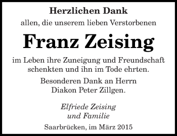 Traueranzeige von Franz Zeising von saarbruecker_zeitung