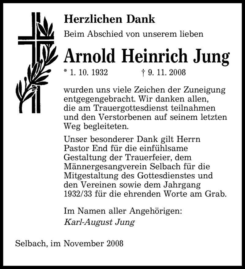 Traueranzeigen Von Arnold Heinrich Jung Saarbruecker Zeitung Trauer De