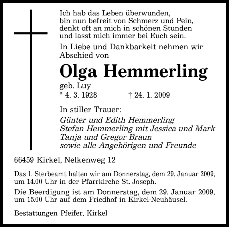 Traueranzeigen Von Olga Hemmerling Saarbruecker Zeitung Trauer De