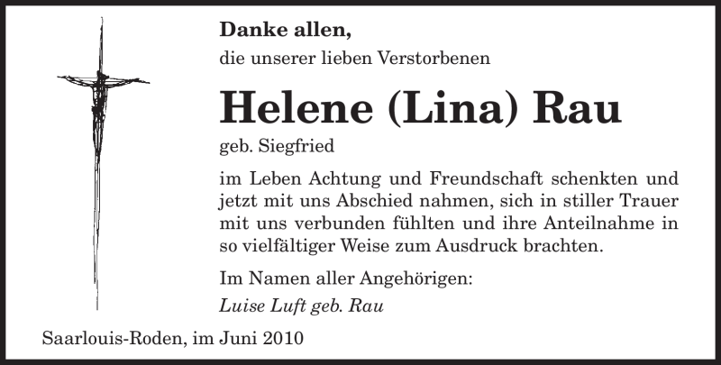 Traueranzeigen Von Helene Rau Saarbruecker Zeitung Trauer De