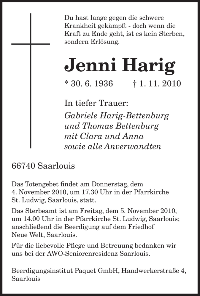 Traueranzeigen Von Jenni Harig Saarbruecker Zeitung Trauer De