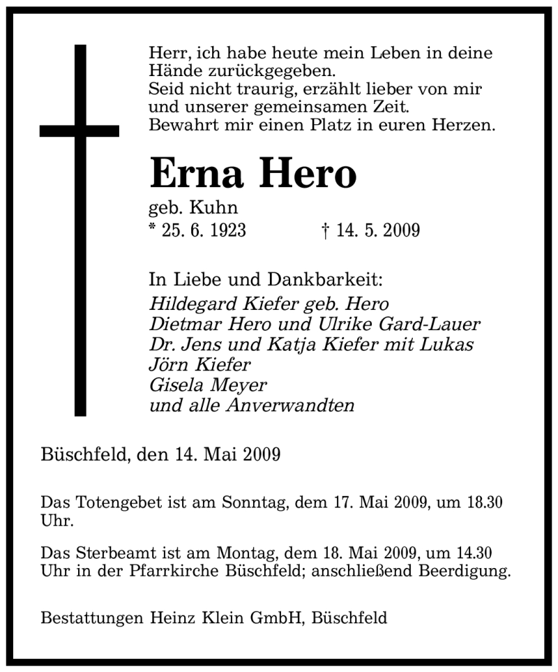 Traueranzeigen Von Erna Hero Saarbruecker Zeitung Trauer De