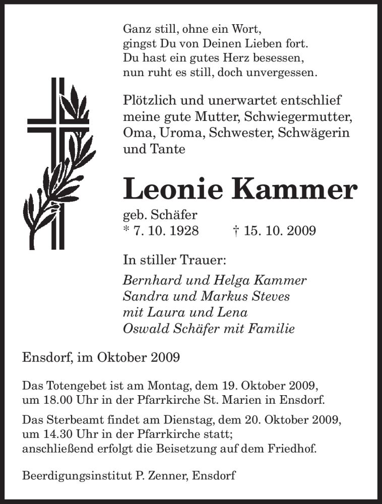 Traueranzeigen Von Leonie Kammer Saarbruecker Zeitung Trauer De