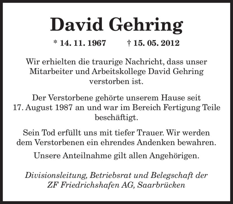 Traueranzeigen Von David Gehring Saarbruecker Zeitung Trauer De