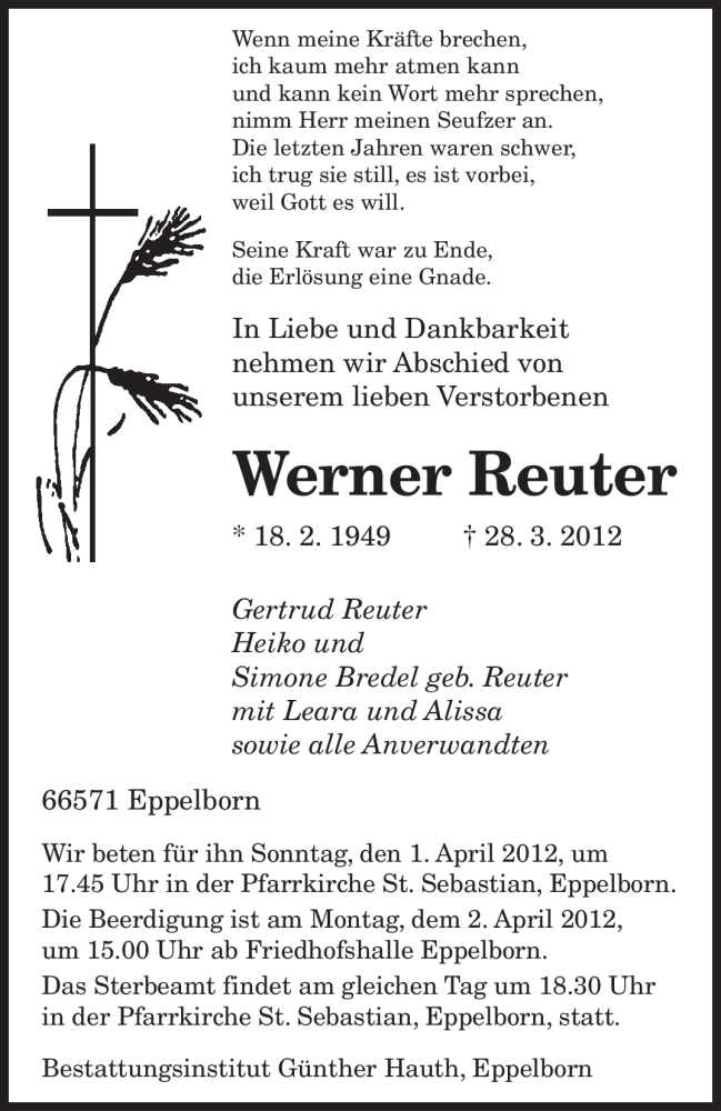 Traueranzeige für Werner Reuter vom 31.03.2012 aus SAARBRÜCKER ZEITUNG