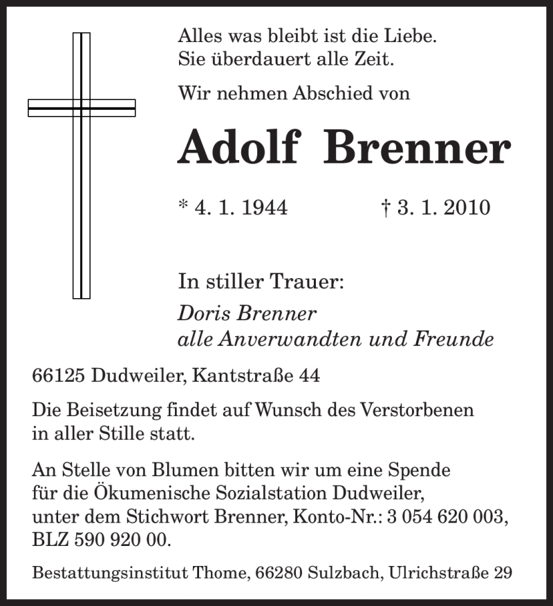 Traueranzeigen Von Adolf Brenner Saarbruecker Zeitung Trauer De