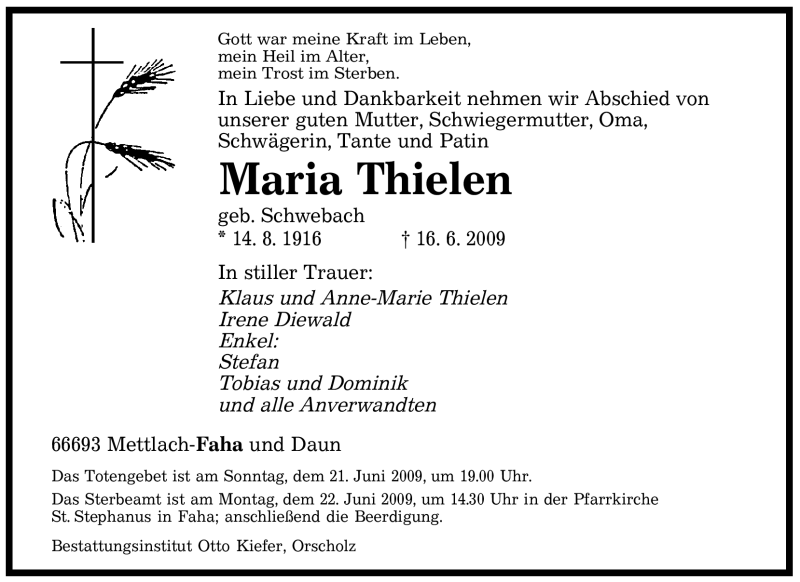 Traueranzeigen Von Maria Thielen Saarbruecker Zeitung Trauer De