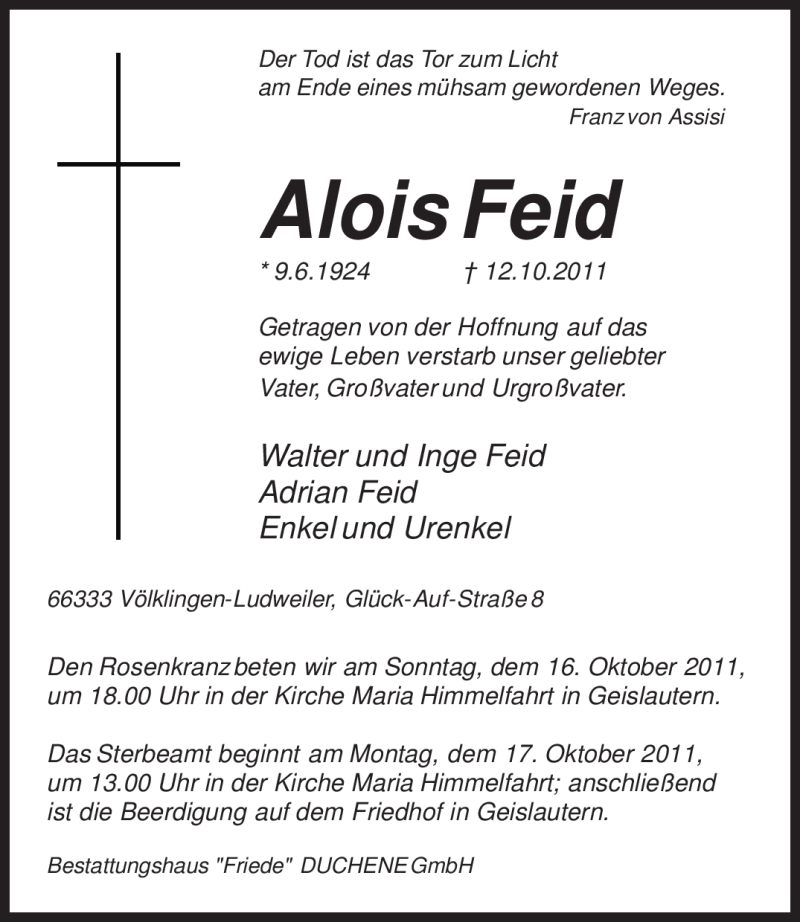 Traueranzeigen Von Alois Feid Saarbruecker Zeitung Trauer De