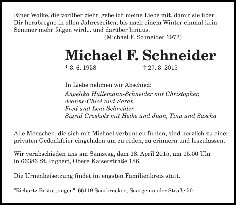  Traueranzeige für Michael F Schneider vom 04.04.2015 aus saarbruecker_zeitung