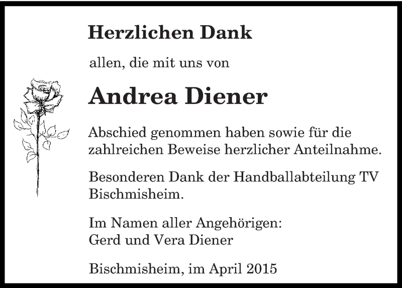  Traueranzeige für Andrea Diener vom 25.04.2015 aus saarbruecker_zeitung